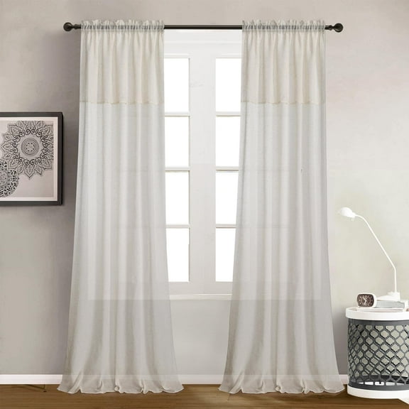 2 Panels Faux Linen Sheer Curtains with Attached Valance, Light Filtering Rod Pocket Solid Color Sheer Drapes for Bedroom, Patio Door, Beige