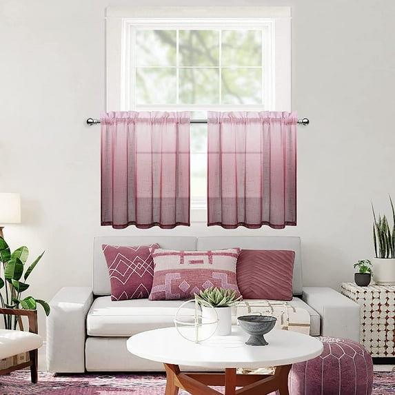 2 Panels Faux Linen Sheer Short Tier Curtain, Rod Pocket Voile Small Curtain