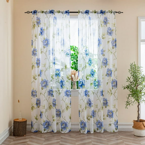 2 Panels Foral Sheer Curtains for Living Room Window, Country Patterned Drapes Rod Pocket Light Filtering Airy Farmhouse Semi Sheer Curtains for Bedroom