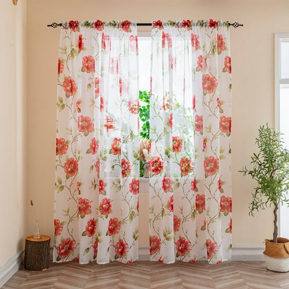 2 Panels Foral Sheer Curtains for Living Room Window, Country Patterned Drapes Rod Pocket Light Filtering Airy Farmhouse Semi Sheer Curtains for Bedroom