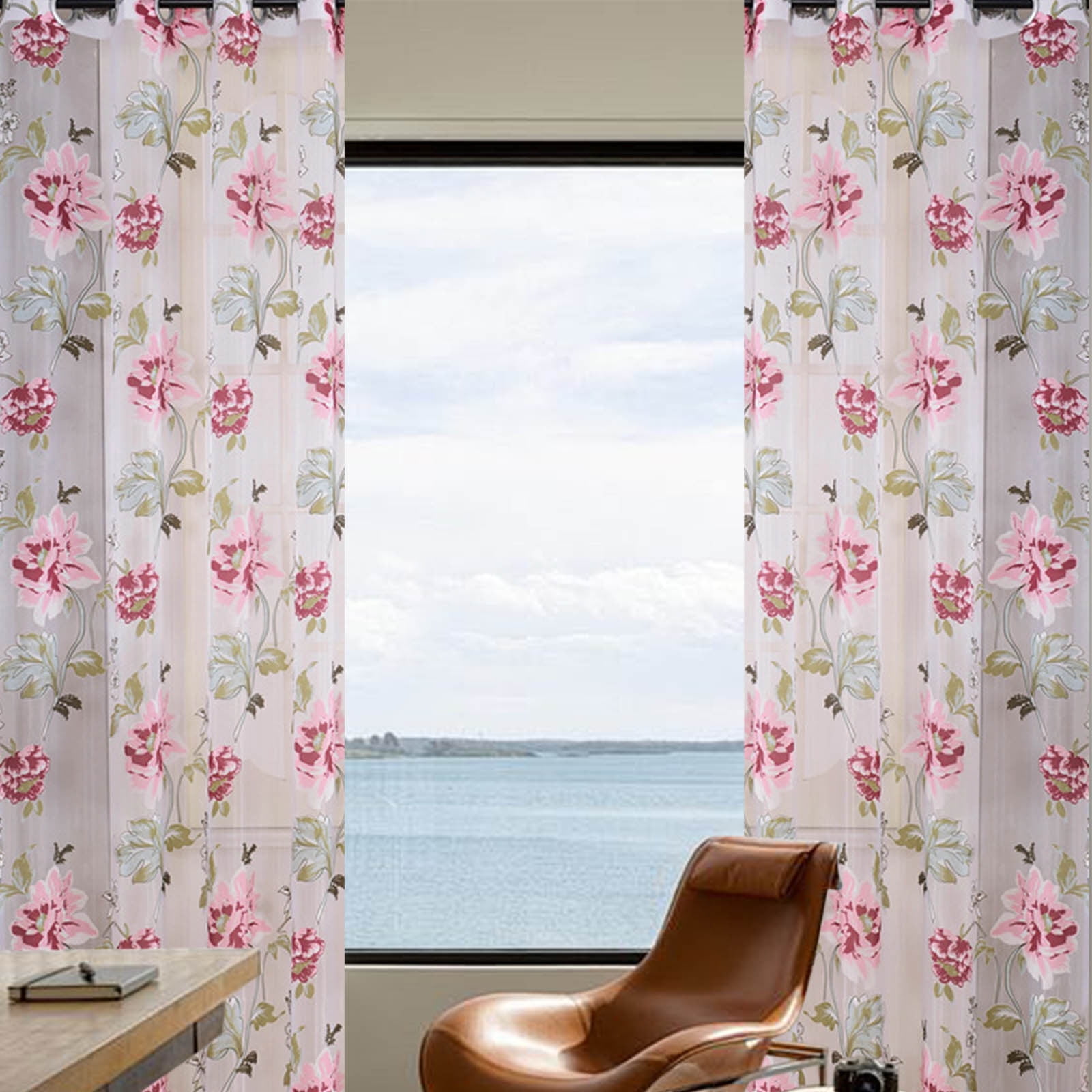 2 Panels Glass Door Decorative Curtain,Retro Peony Rose Sheer Curtains ...