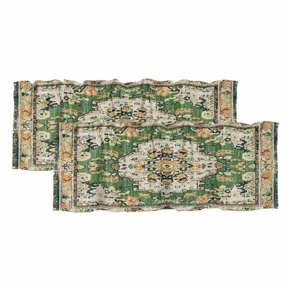 2 Panels Green Boho Valance for Windows, Vintage Ethnic Tribe Southwestern Light Filtering Kitchen Curtains, Rod Pocket Window Treatment Curtain Valances for Living Room Bedroom, 54"x18"