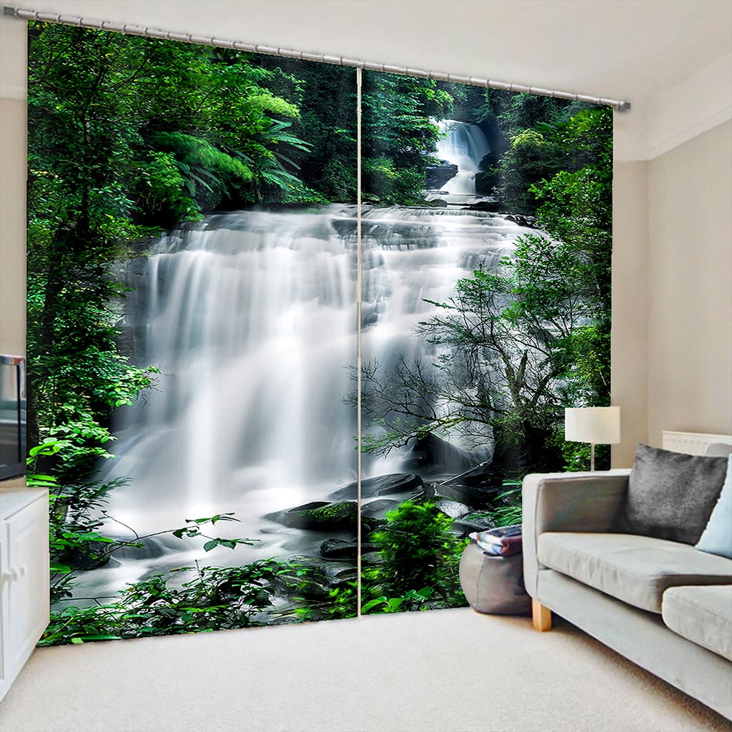 2 Panels Green Forest Waterfall Natural Scenery Curtains for Bedroom