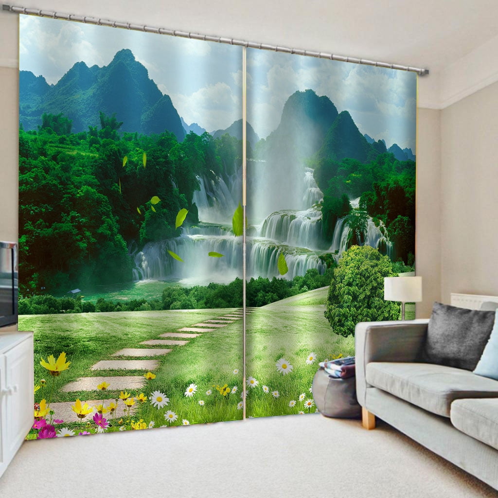 2 Panels Green Forest Waterfall Natural Scenery Curtains for Bedroom