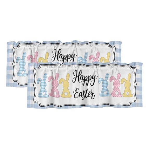 2 Panels Happy Easter Valance for Windows, Colorful Rabbits Cartoon Blue Plaid Light Filtering Kitchen Curtains, Rod Pocket Window Treatment Curtain Valances for Living Room Bedroom, 60"x18"