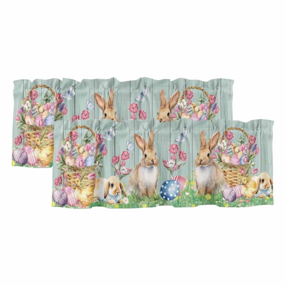 2 Panels Happy Easter Valance for Windows, Spring Easter Eggs Bunny Floral Teal Wood Light Filtering Kitchen Curtains, Rod Pocket Window Treatment Curtain Valances for Living Room Bedroom, 60"x18"