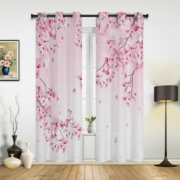 2 Panels Japanese Style Sakura Cherry Blossom Pink Flower Curtains for Bedroom Living Room Kitchen Kid's Room Window Curtain Home Decor