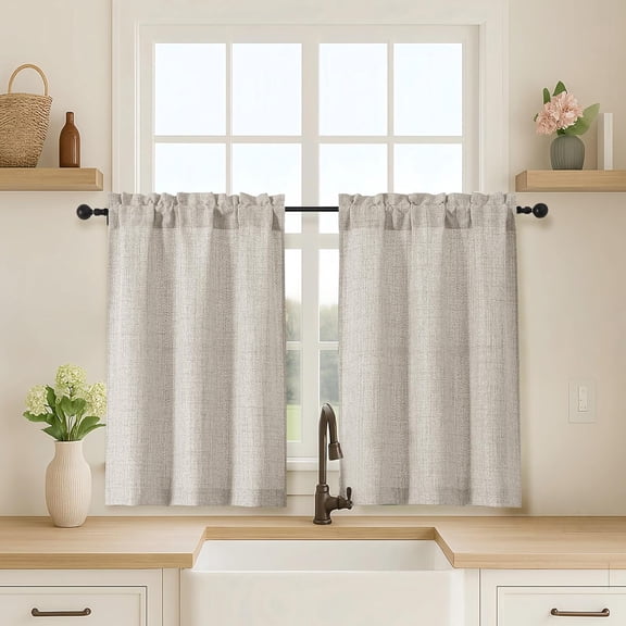 2 Panels Kitchen Curtains 36 Inch Length, Faux Linen Textured Small Cafe Window Curtain Over Sink, Light Filtering Short Curtain Tiers for Bathroom Basement, 30x36 Inch, 2PCS, Linen Color