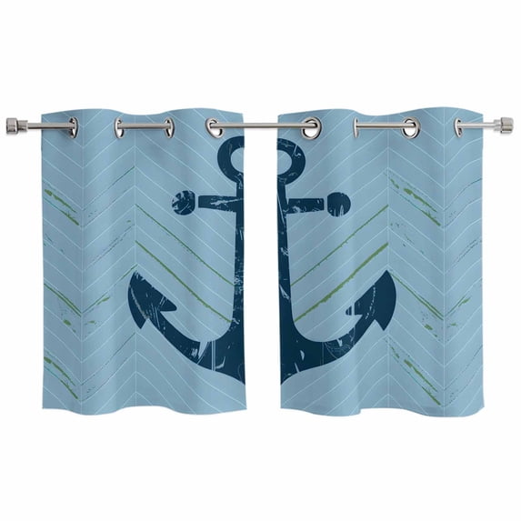 2 Panels Kitchen Tier Curtains 39 Inch Length, Anchor Coastal Grommets Window Treatment Curtain, Nautical Navy Blue Ocean Summer Thermal Curtains Drapes for Living Room/Bathroom