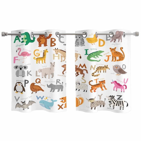 2 Panels Kitchen Tier Curtains 39 Inch Length, Animals Alphabetes Grommets Window Treatment Curtain, Cartoon Learning Educational Thermal Curtains Drapes for Living Room/Bathroom