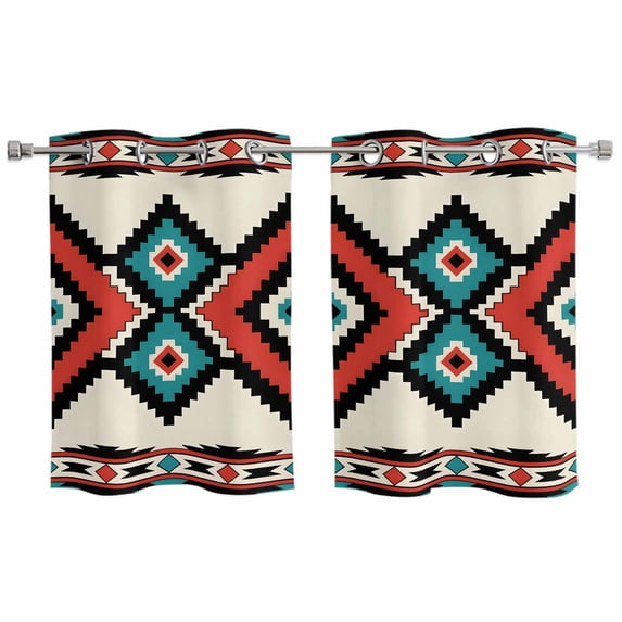2 Panels Kitchen Tier Curtains 39 Inch Length, Aztec Southwest Grommets Window Treatment Curtain, Tribes Vintage Red Blue Abstract Thermal Curtains Drapes for Living Room/Bathroom