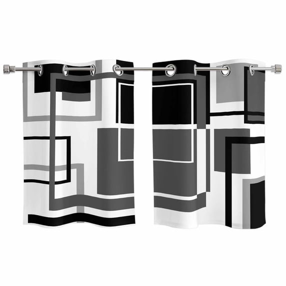 2 Panels Kitchen Tier Curtains 39 Inch Length, Black Grey Geometric Grommets Window Treatment Curtain, Gray Abstract Striped Art Thermal Curtains Drapes for Living Room/Bathroom