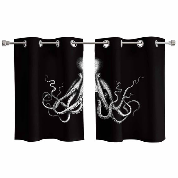2 Panels Kitchen Tier Curtains 39 Inch Length, Black Grey Octopus Grommets Window Treatment Curtain, Summer Ocean Animals Vintage Thermal Curtains Drapes for Living Room/Bathroom