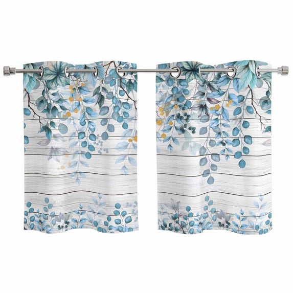 2 Panels Kitchen Tier Curtains 39 Inch Length, Blue Eucalyptus Leaves Grommets Window Treatment Curtain, Watercolor Plants Floral Wooden Thermal Curtains Drapes for Living Room/Bathroom
