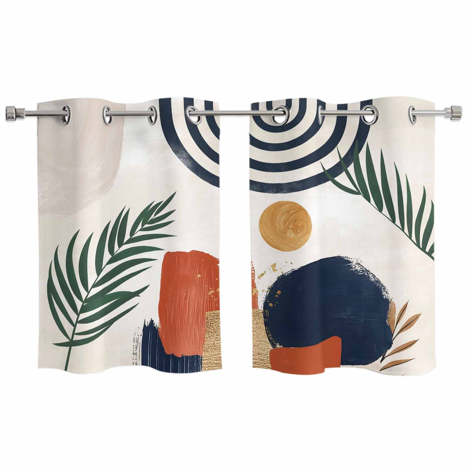 2 Panels Kitchen Tier Curtains 39 Inch Length, Boho Grommets Window Treatment Curtain, Middle Century Leaves Bohemia Minimalist Abstract Art Beige Thermal Curtains Drapes for Living Room/Bathroom