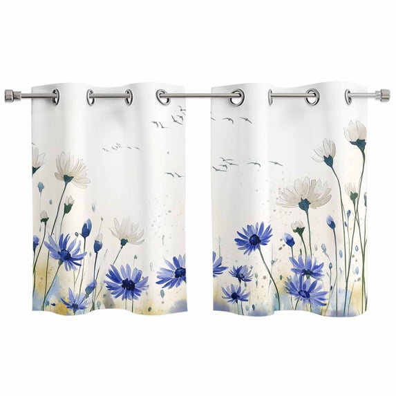 2 Panels Kitchen Tier Curtains 39 Inch Length, Botanical Flowers Grommets Window Treatment Curtain, Watercolor Country Blue White Floral Thermal Curtains Drapes for Living Room/Bathroom