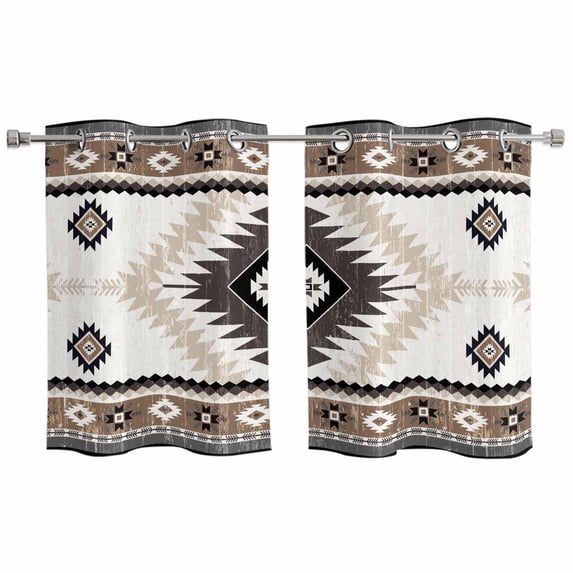 2 Panels Kitchen Tier Curtains 39 Inch Length, Brown Beige Boho Grommets Window Treatment Curtain, Abstract Southwestern Ethnic Geometric Thermal Curtains Drapes for Living Room/Bathroom
