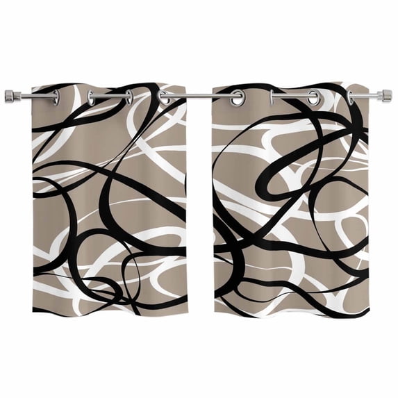 2 Panels Kitchen Tier Curtains 39 Inch Length, Brown Geometric Grommets Window Treatment Curtain, Vintage Black White Striped Abstract Art Thermal Curtains Drapes for Living Room/Bathroom