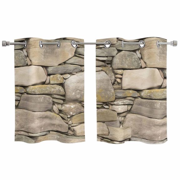2 Panels Kitchen Tier Curtains 39 Inch Length, Brown Stone Wall Grommets Window Treatment Curtain, Vintage Country Rocks Brick Pattern Thermal Curtains Drapes for Living Room/Bathroom