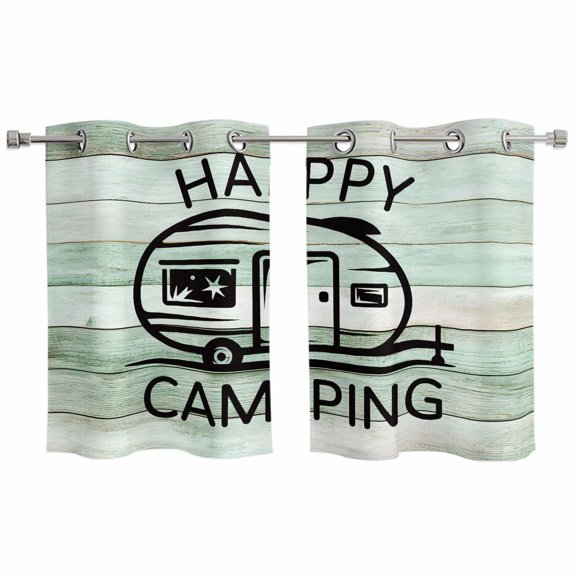 2 Panels Kitchen Tier Curtains 39 Inch Length, Camping Car Grommets Window Treatment Curtain, Farmhouse Cabin Retro Green Wooden Grain Thermal Curtains Drapes for Living Room/Bathroom