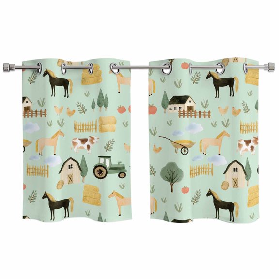 2 Panels Kitchen Tier Curtains 39 Inch Length, Cartoon Farmhouse Grommets Window Treatment Curtain, Cute Watercolor Cabin Animals Trees Green Thermal Curtains Drapes for Living Room/Bathroom