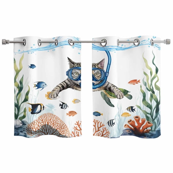 2 Panels Kitchen Tier Curtains 39 Inch Length, Cat Summer Beach Grommets Window Treatment Curtain, Nautical Ocean Coastal Turtle Coral Thermal Curtains Drapes for Living Room/Bathroom