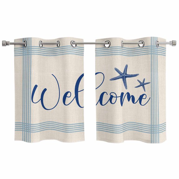 2 Panels Kitchen Tier Curtains 39 Inch Length, Coastal Starfish Grommets Window Treatment Curtain, Blue Beige Rustic Stripes Summer Ocean Thermal Curtains Drapes for Living Room/Bathroom