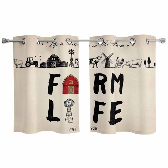 2 Panels Kitchen Tier Curtains 39 Inch Length, Country Cabin Grommets Window Treatment Curtain, Vintage Farmhouse Barn Chicken Pig Cow Thermal Curtains Drapes for Living Room/Bathroom