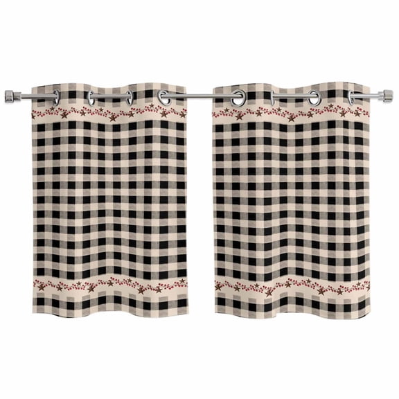2 Panels Kitchen Tier Curtains 39 Inch Length, Country Star Plaid Grommets Window Treatment Curtain, Black Retro American Farm Barn Berry Thermal Curtains Drapes for Living Room/Bathroom