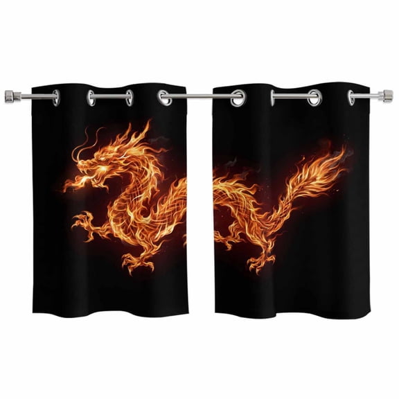 2 Panels Kitchen Tier Curtains 39 Inch Length, Dragon Flames Grommets Window Treatment Curtain, Orange Dragons Abstract Modern Art Thermal Curtains Drapes for Living Room/Bathroom