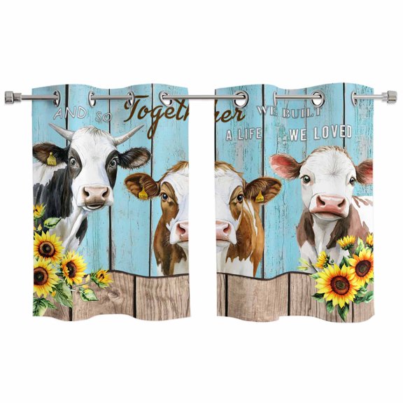 2 Panels Kitchen Tier Curtains 39 Inch Length, Farmhouse Cow Grommets Window Treatment Curtain, Cabin Sunflowers Animals Blue Wooden Grain Thermal Curtains Drapes for Living Room/Bathroom