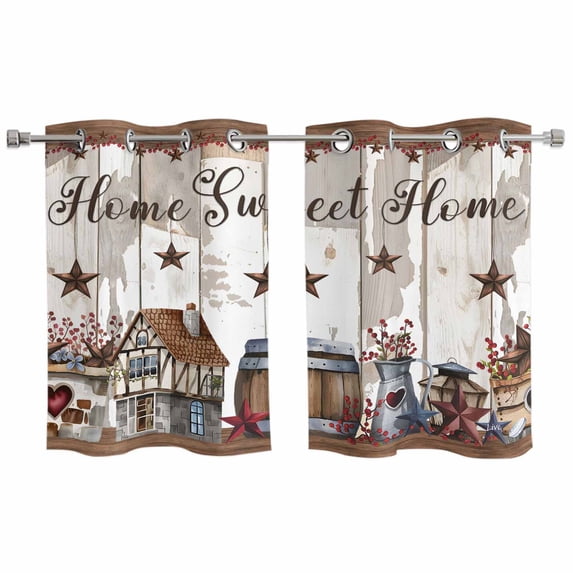 2 Panels Kitchen Tier Curtains 39 Inch Length, Farmhouse Grommets Window Treatment Curtain, Retro Country Star Berry Vintage Wood Grain Thermal Curtains Drapes for Living Room/Bathroom