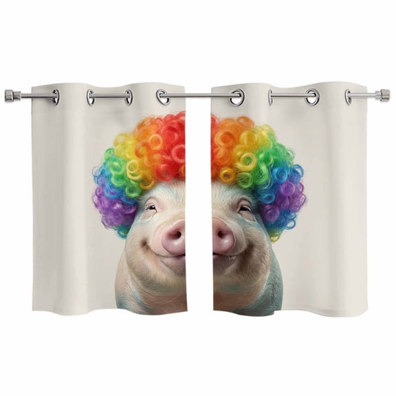 2 Panels Kitchen Tier Curtains 39 Inch Length, Funny Pig Grommets Window Treatment Curtain, Rainbow Abstract Animals Thermal Curtains Drapes for Living Room/Bathroom