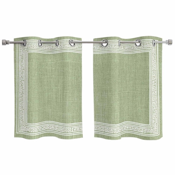 2 Panels Kitchen Tier Curtains 39 Inch Length, Grass Green Retro Greek Key Grommets Window Treatment Curtain, Geometric Greece Ancient Rustic Thermal Curtains Drapes for Living Room/Bathroom