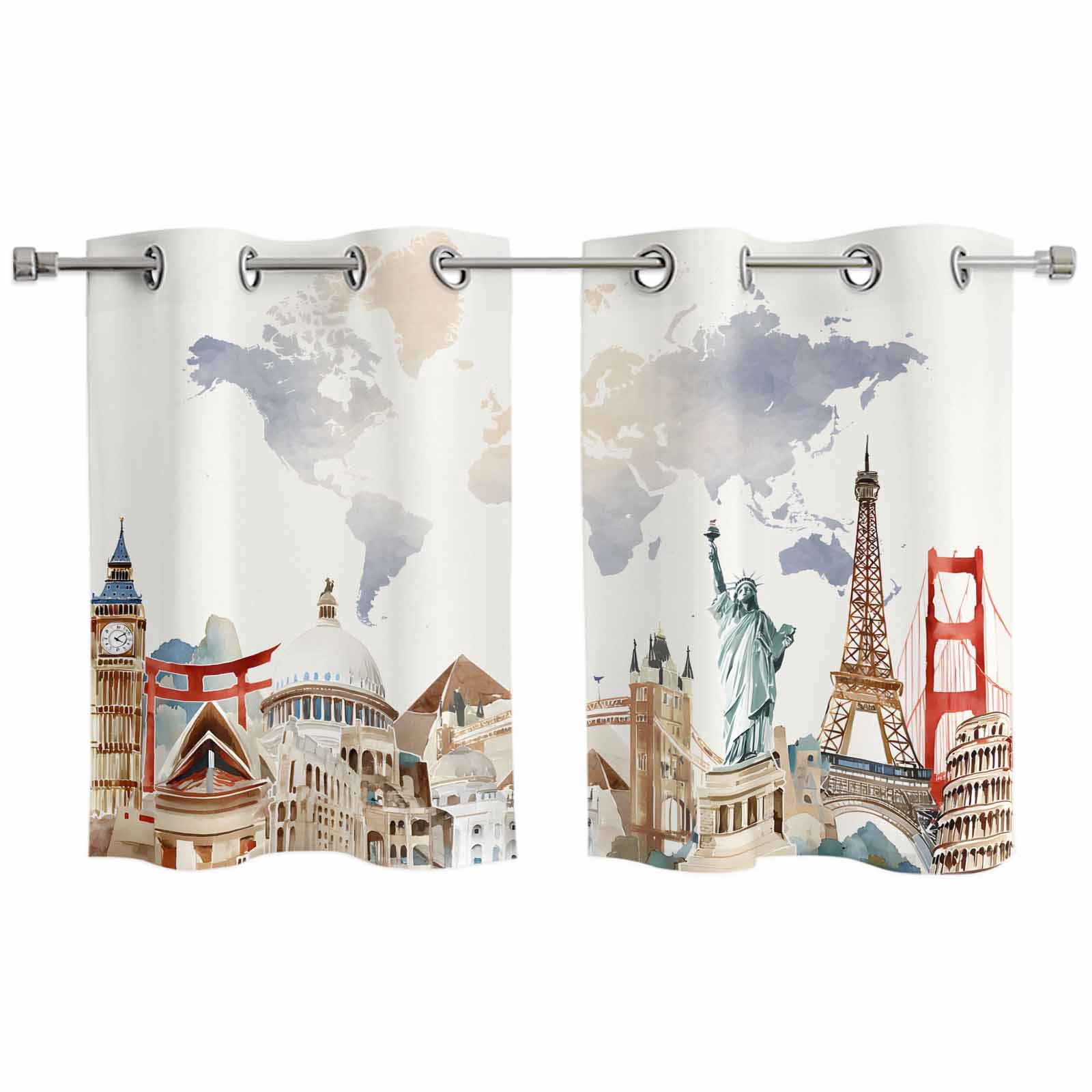 2 Panels Kitchen Tier Curtains 39 Inch Length, Gray Beige Map Grommets ...