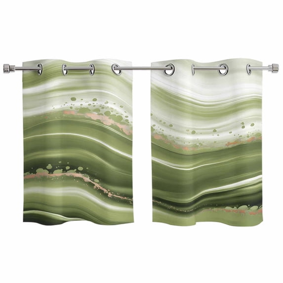 2 Panels Kitchen Tier Curtains 39 Inch Length, Green Abstract Waves Grommets Window Treatment Curtain, Gradient Fluid Luxury Oil Painting Thermal Curtains Drapes for Living Room/Bathroom