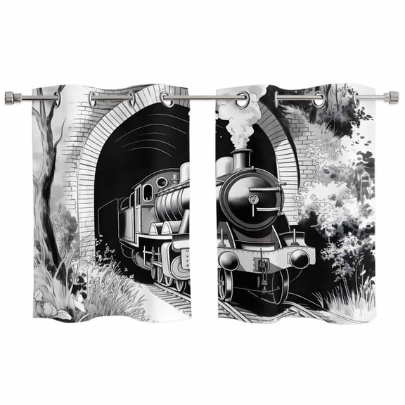 2 Panels Kitchen Tier Curtains 39 Inch Length, Grey Trains Grommets Window Treatment Curtain, Black White Vintage Tunnels Hand Print Art Thermal Curtains Drapes for Living Room/Bathroom
