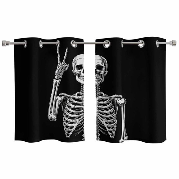 2 Panels Kitchen Tier Curtains 39 Inch Length, Halloween Skeleton Grommets Window Treatment Curtain, Retro Funny Skull Abstract Black Thermal Curtains Drapes for Living Room/Bathroom