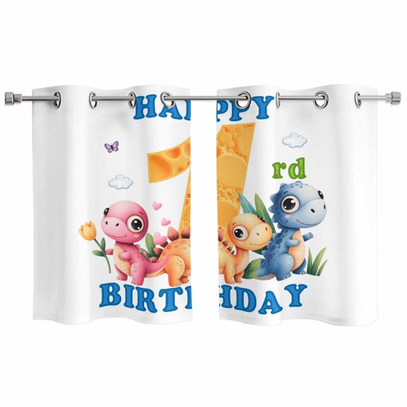 2 Panels Kitchen Tier Curtains 39 Inch Length, Happy 1rd Birthday Grommets Window Treatment Curtain, Cartoon Cute Pink Yellow Blue Dinosaurs Floral Thermal Curtains Drapes for Living Room/Bathroom