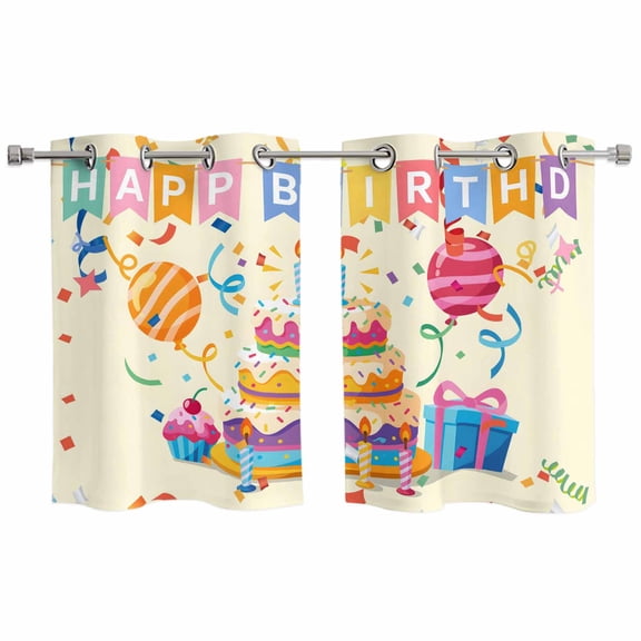 2 Panels Kitchen Tier Curtains 39 Inch Length, Happy Birthday Cake Grommets Window Treatment Curtain, Ribbon Balloon Cartoon Cute Thermal Curtains Drapes for Living Room/Bathroom