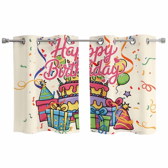 2 Panels Kitchen Tier Curtains 39 Inch Length, Happy Birthday Grommets Window Treatment Curtain, Ribbon Cake Balloon Cartoon Thermal Curtains Drapes for Living Room/Bathroom