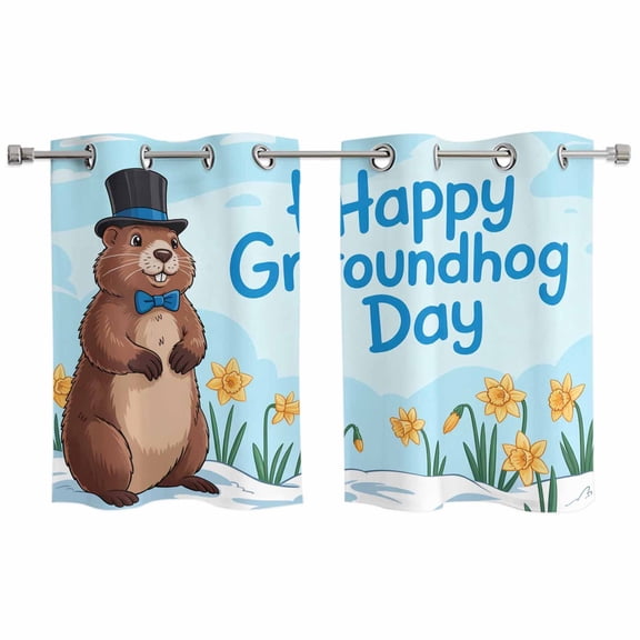 2 Panels Kitchen Tier Curtains 39 Inch Length, Happy Groundhog Day Grommets Window Treatment Curtain, Cartoon Cute Ground Hog Flowers Sky Blue Thermal Curtains Drapes for Living Room/Bathroom