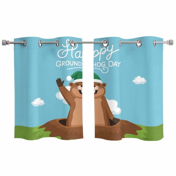 2 Panels Kitchen Tier Curtains 39 Inch Length, Happy Groundhog Day Grommets Window Treatment Curtain, Cartoon Ground Hog Hole Blue Sky Country Thermal Curtains Drapes for Living Room/Bathroom