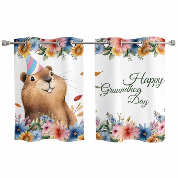 2 Panels Kitchen Tier Curtains 39 Inch Length, Happy Groundhog Day Grommets Window Treatment Curtain, Cute Ground Rat Flower Bushes Leaves Thermal Curtains Drapes for Living Room/Bathroom