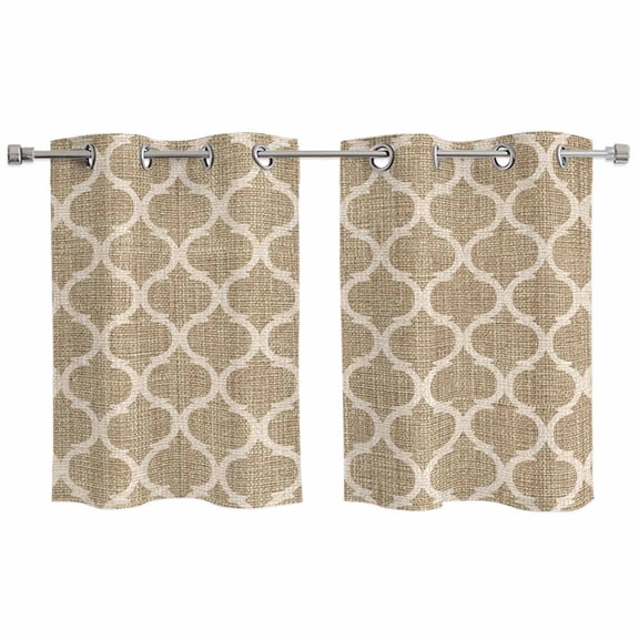 2 Panels Kitchen Tier Curtains 39 Inch Length, Khaki Moroccan Grommets Window Treatment Curtain, Boho Retro Country Abstract Geometric Grid Thermal Curtains Drapes for Living Room/Bathroom