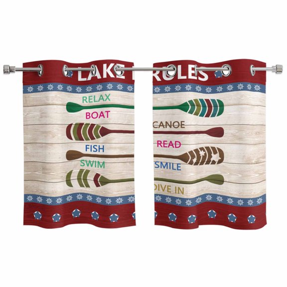 2 Panels Kitchen Tier Curtains 39 Inch Length, Lake Rules Grommets Window Treatment Curtain, Red Green Brown Paddle Striped Rudder Wooden Thermal Curtains Drapes for Living Room/Bathroom