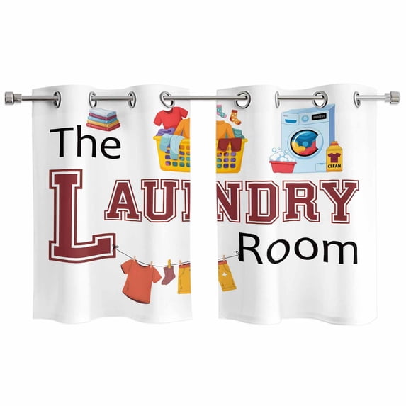 2 Panels Kitchen Tier Curtains 39 Inch Length, Laundry Room Grommets Window Treatment Curtain, Cartoon Washday Washing Machine Clothes Thermal Curtains Drapes for Living Room/Bathroom