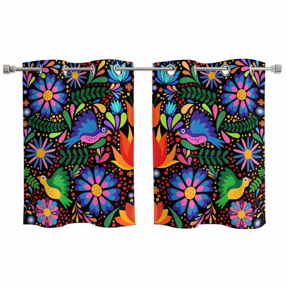 2 Panels Kitchen Tier Curtains 39 Inch Length, Mexican Flower Grommets Window Treatment Curtain, Abstract Colorful Floral Leaf Plant Thermal Curtains Drapes for Living Room/Bathroom