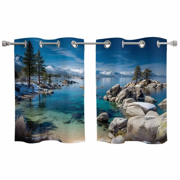 2 Panels Kitchen Tier Curtains 39 Inch Length, Nature Forest Grommets Window Treatment Curtain, Blue Sky Mountain Stone Lake Landscape Thermal Curtains Drapes for Living Room/Bathroom