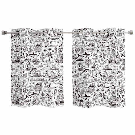 2 Panels Kitchen Tier Curtains 39 Inch Length, Nautical Grommets Window Treatment Curtain, Grey Anchor Rudder Compass Sailing Boat Thermal Curtains Drapes for Living Room/Bathroom